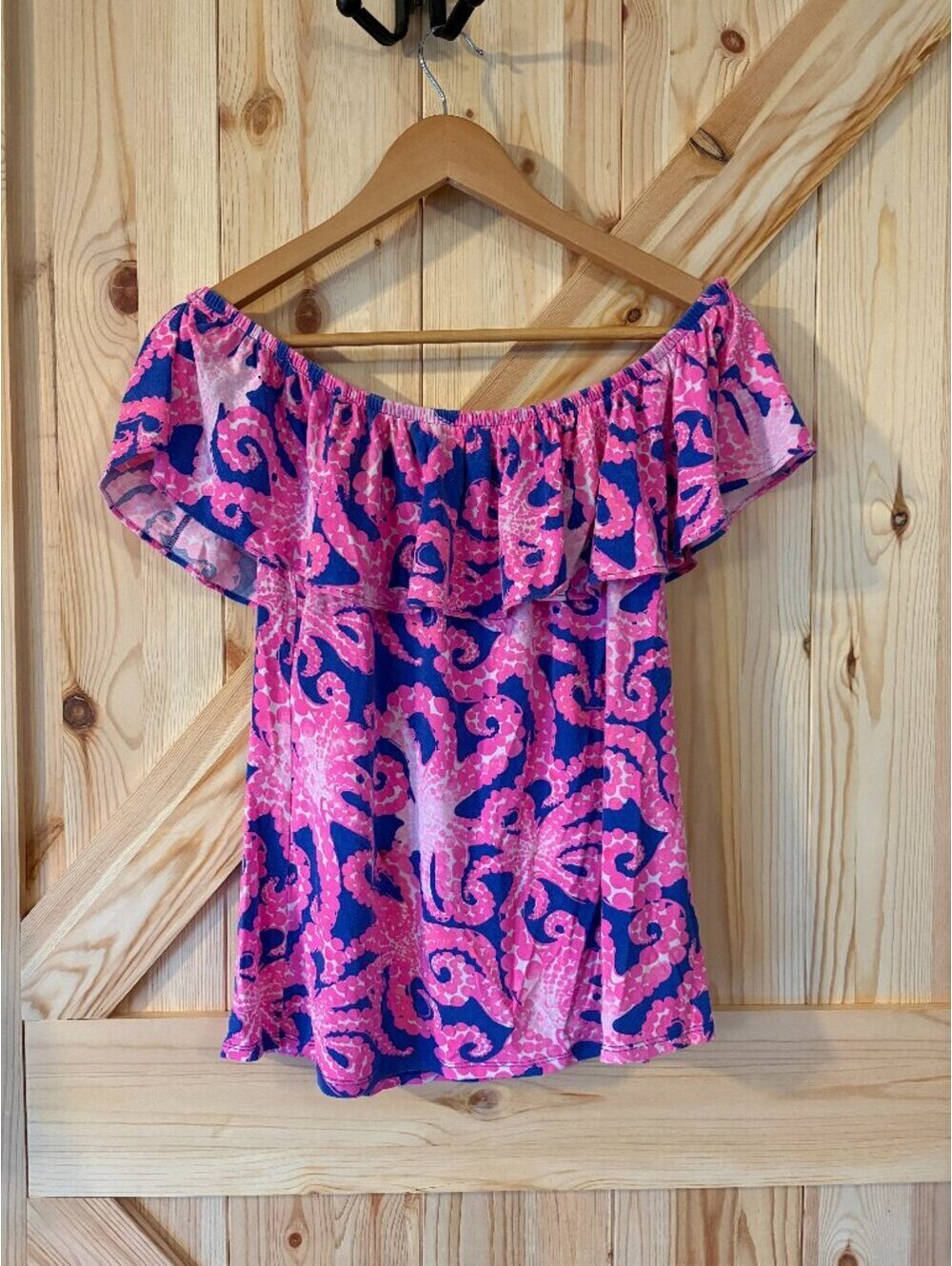Lilly Pulitzer Medium Pink Blue Octopus Off Shoulder Ruffle Top